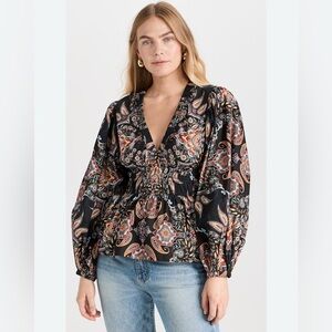 CARA CARA Women’s LARGE Emmery Cotton Floral Print Top Peasant Boho V-Neck CP25
